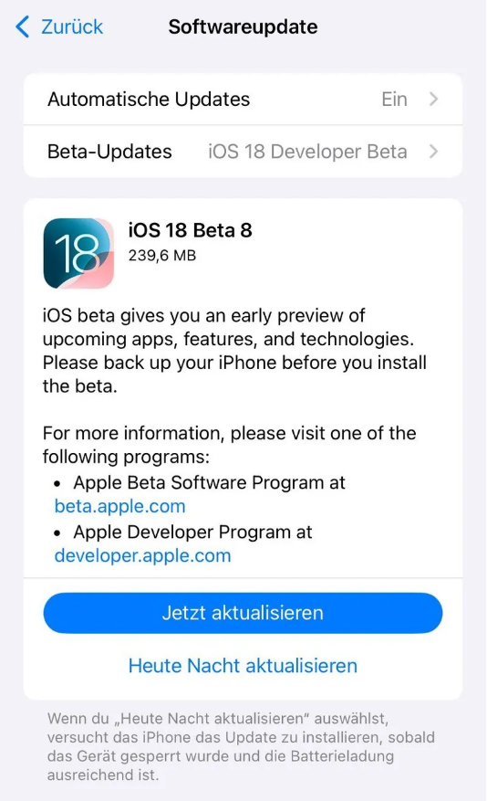 相山苹果手机维修分享苹果 iOS / iPadOS 18 开发者预览版 Beta 8 发布 